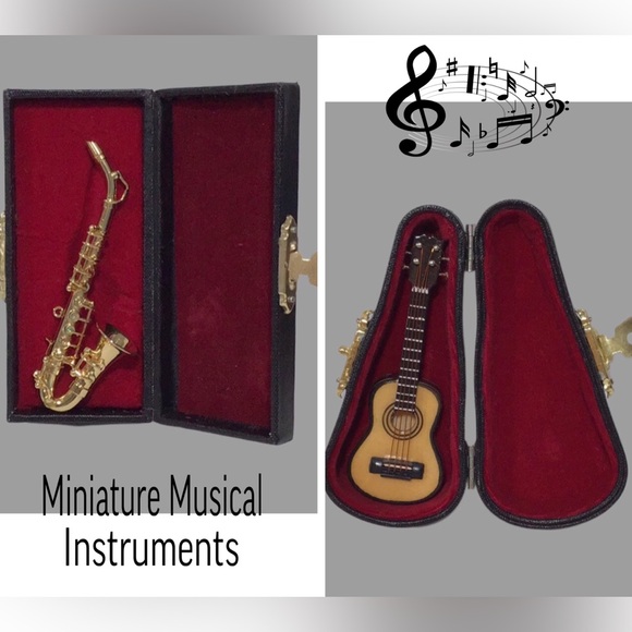 Mini Saxophone and Guitar Miniature Musical Instruments in Black Cases - Picture 1 of 11